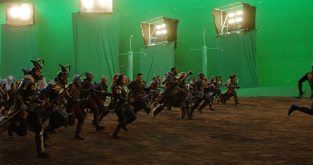 A green screen still from the famous Avengers: Endgame scene
