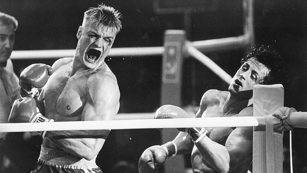 Dolph Lundgren and Sylvester Stallone in the boxing ring from the movie Rocky IV