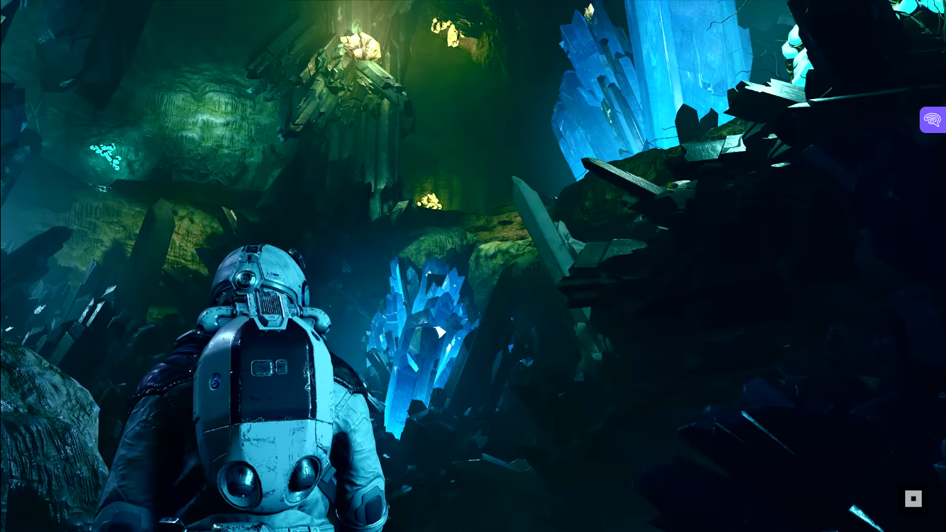 Character walking through an alien cave in Starfield