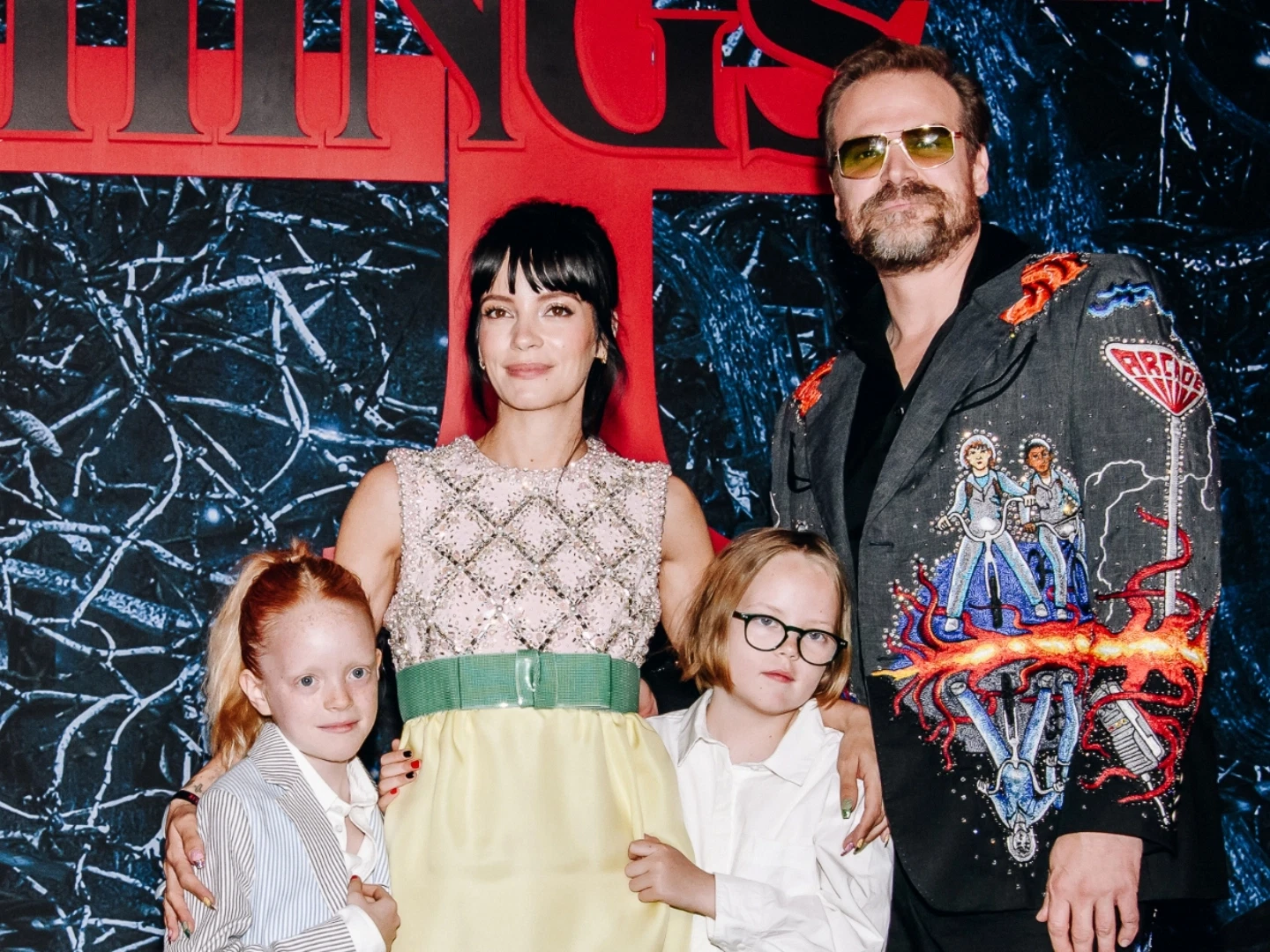 David Harbour with Lily Allen and daughters Ethel and Marnie at the Stranger Things premiere