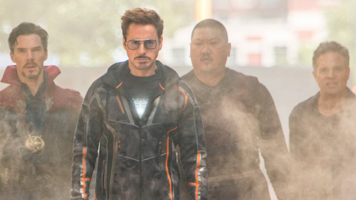 Doctor Strange, Tony Stark, Wong, and Bruce Banner in a scene from Avengers: Infinity War