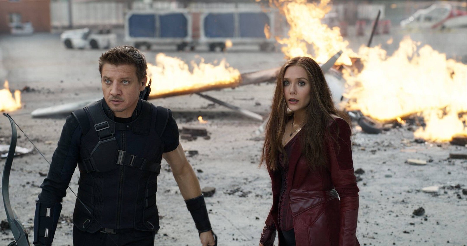Jeremy Renner as Hawkeye and Elizabeth Olsen as the Scarlett Witch in a still from Avengers: Age of Ultron (2015)