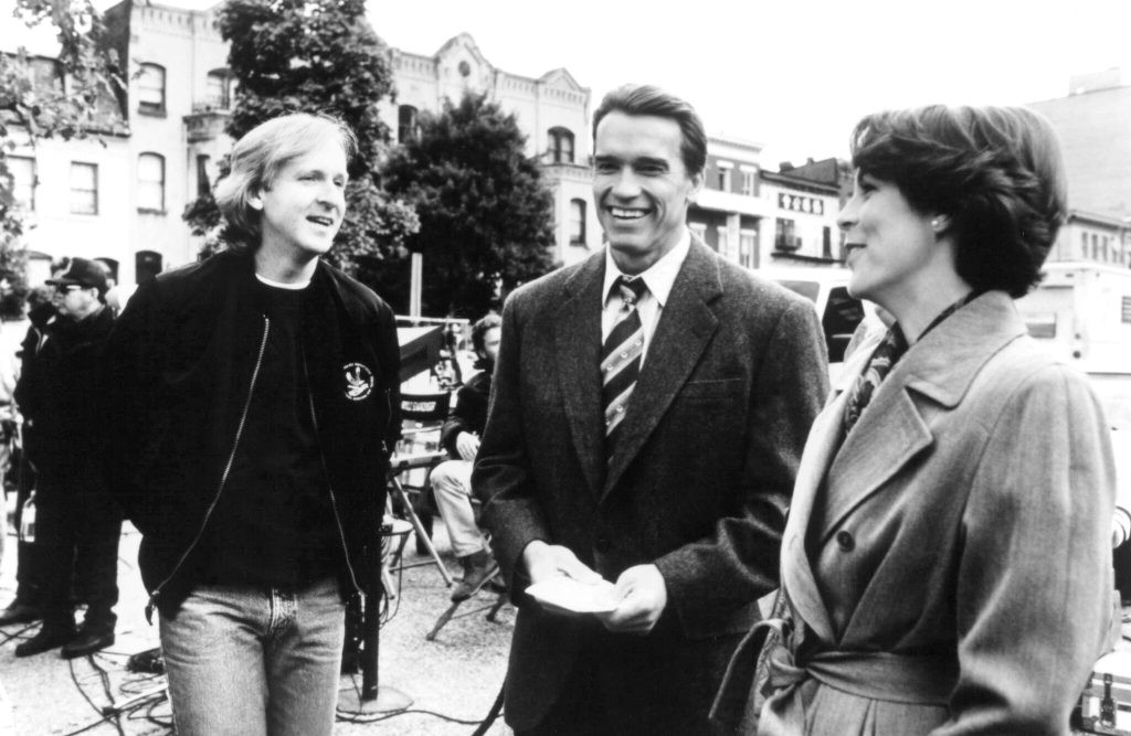 James Cameron, Arnold Schwarzenegger, and Jamie Lee Curtis on the sets of True Lies (1994)