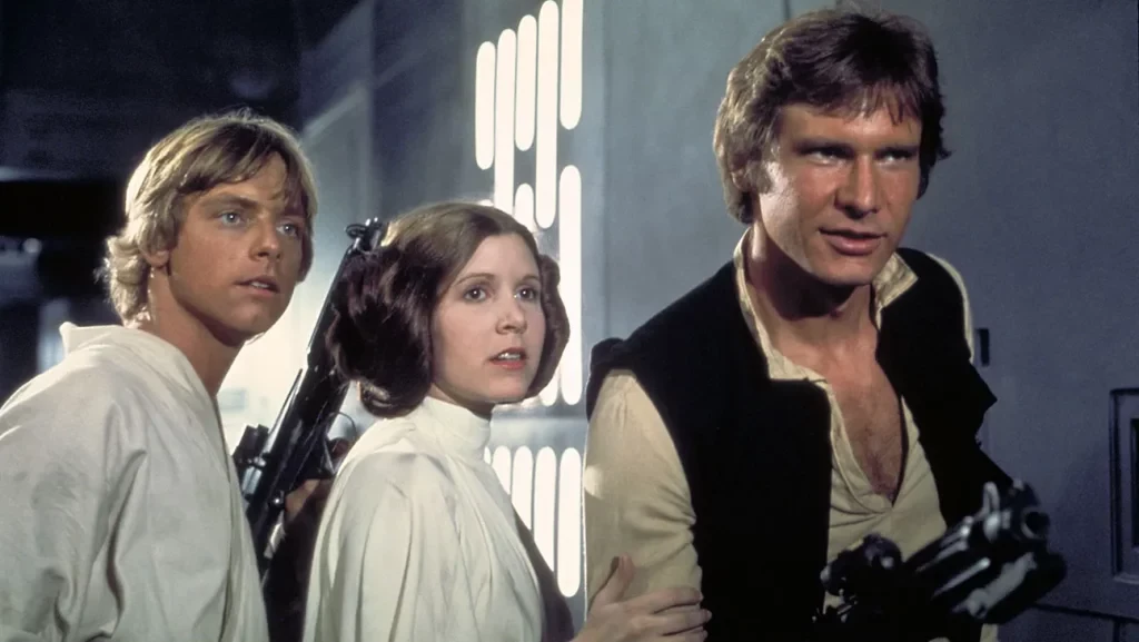 Mark Hamill, Carrie Fischer, and Harrison Ford in a still from Star Wars
