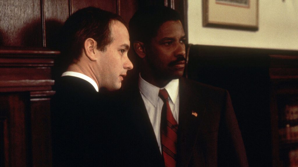 Tom Hanks and Denzel Washington in a still from Philadelphia (1993)