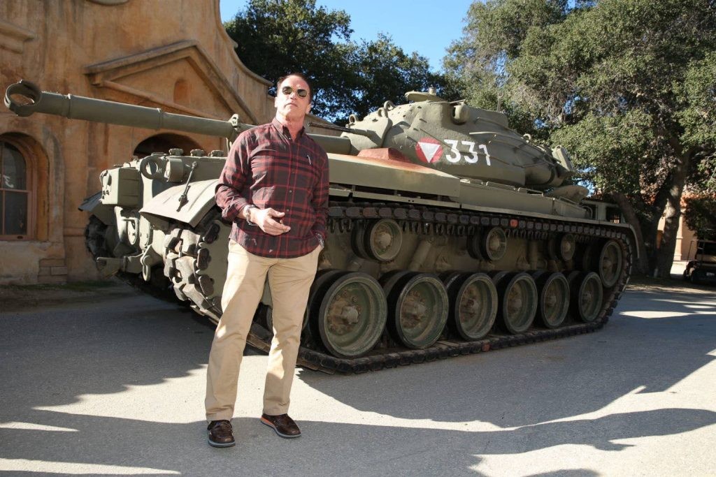 Arnold Schwarzenegger along with his M-47 Patton tank