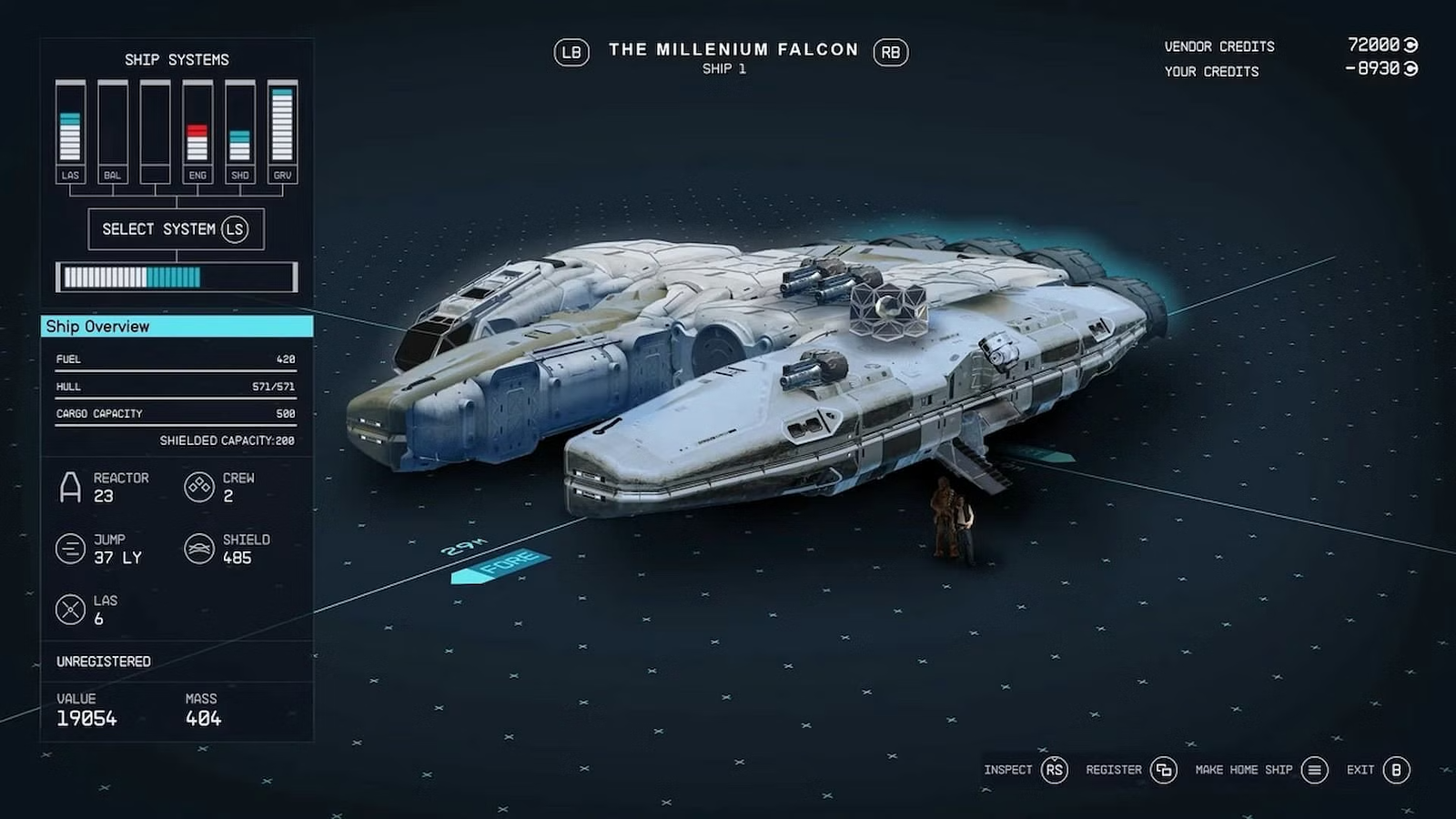 A customized ship inspired by the Millenium Falcon in Starfield