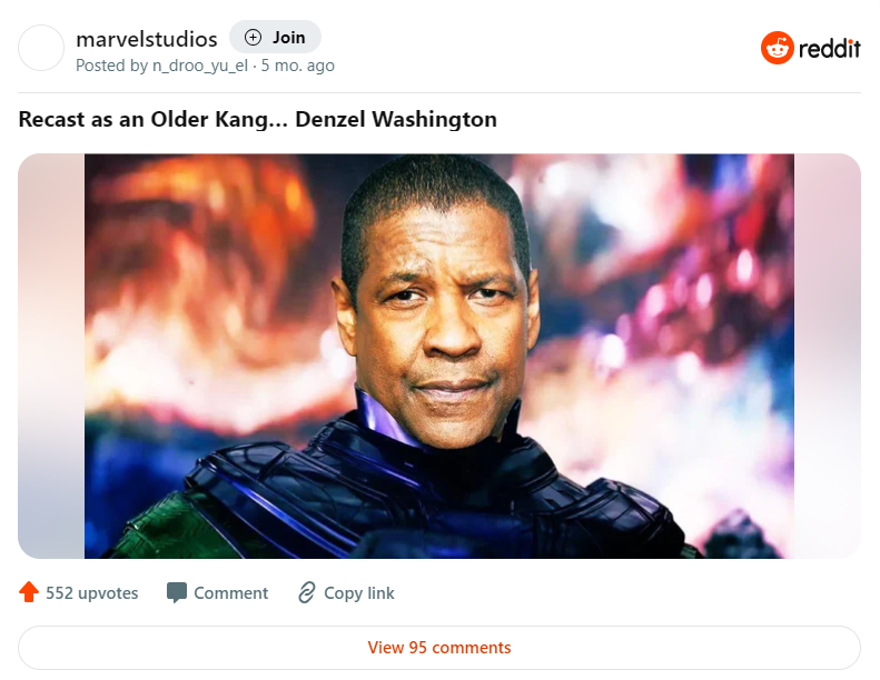The Reddit fan-casting showing Denzel Washington as an old Kang the Conqueror