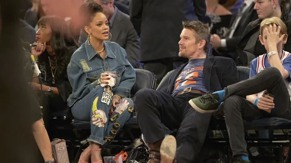 Ethan Hawke with Rihanna and his son at the 2015 All-Star NBA game