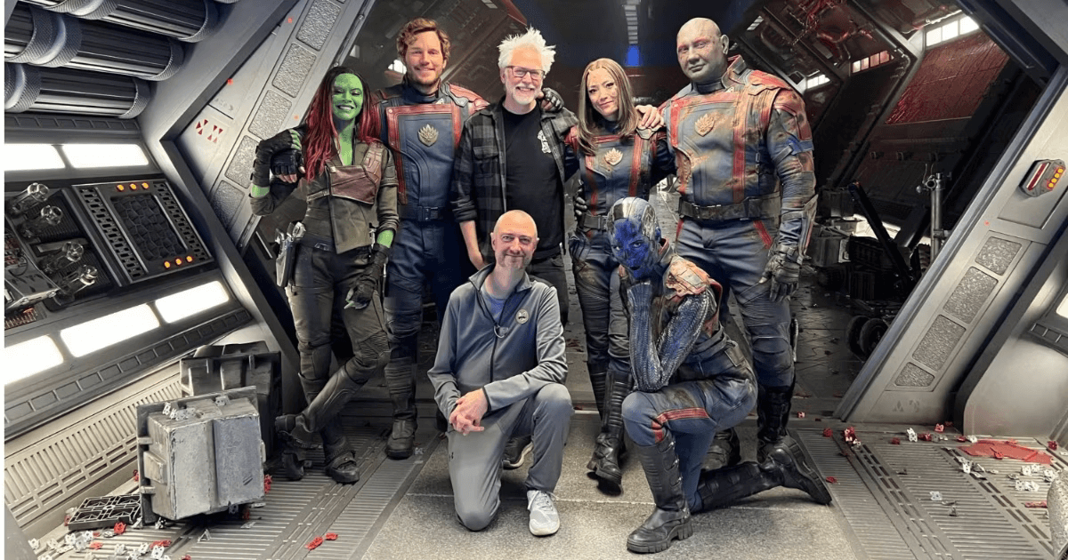 James Gunn with the cast of Guardians of the Galaxy on the sets