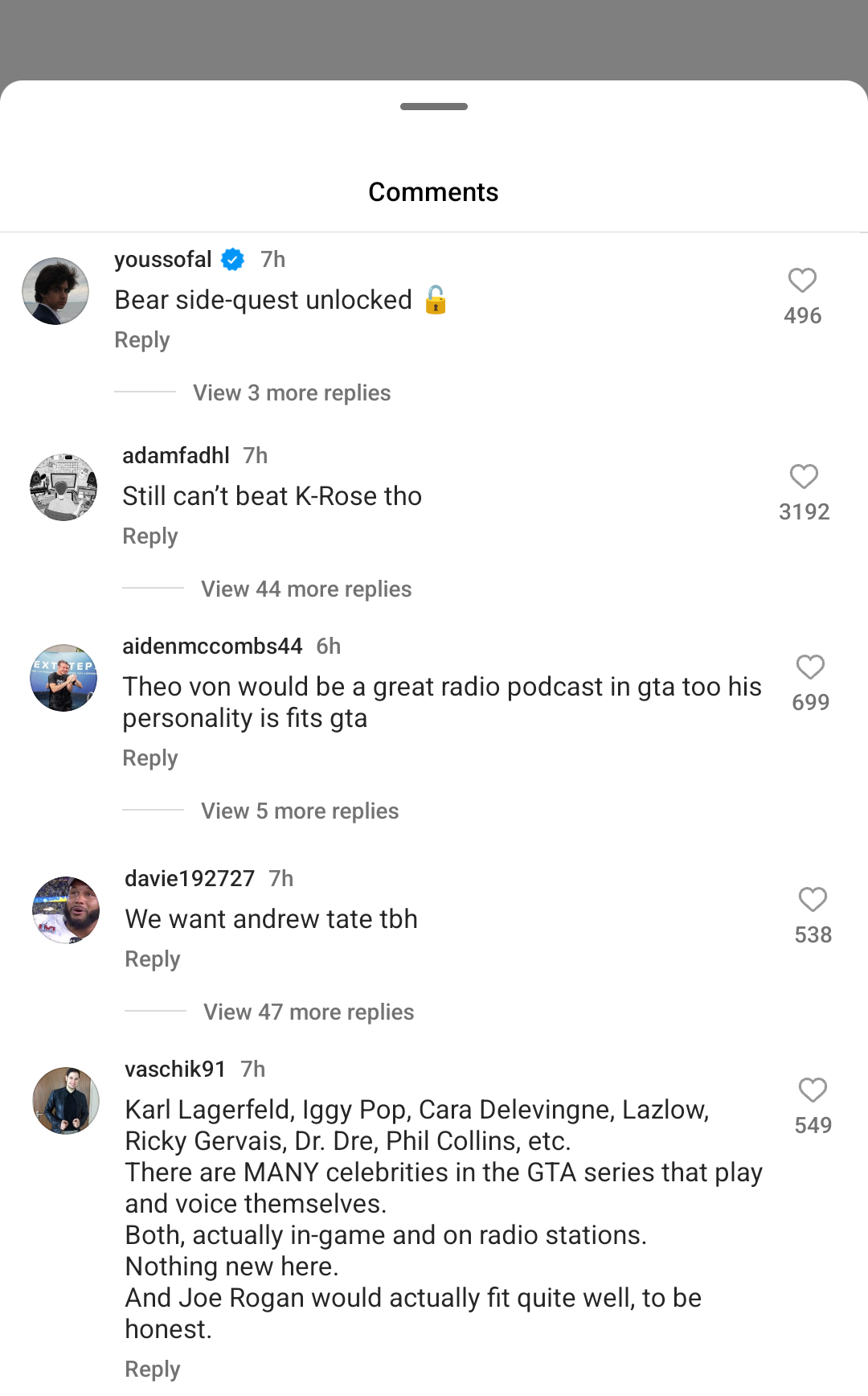 Fans commenting with their reactions and their suggestions for Podcasts in GTA 6