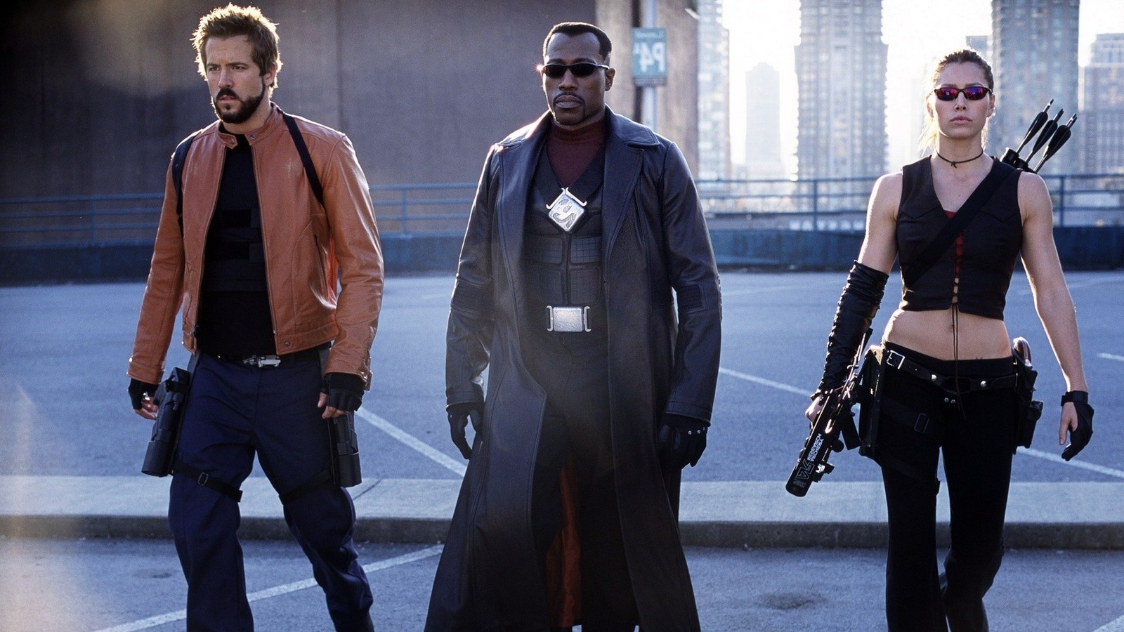 Ryan Reynolds, Wesley Snipes and Jessica Biel in a still from Blade: Trinity