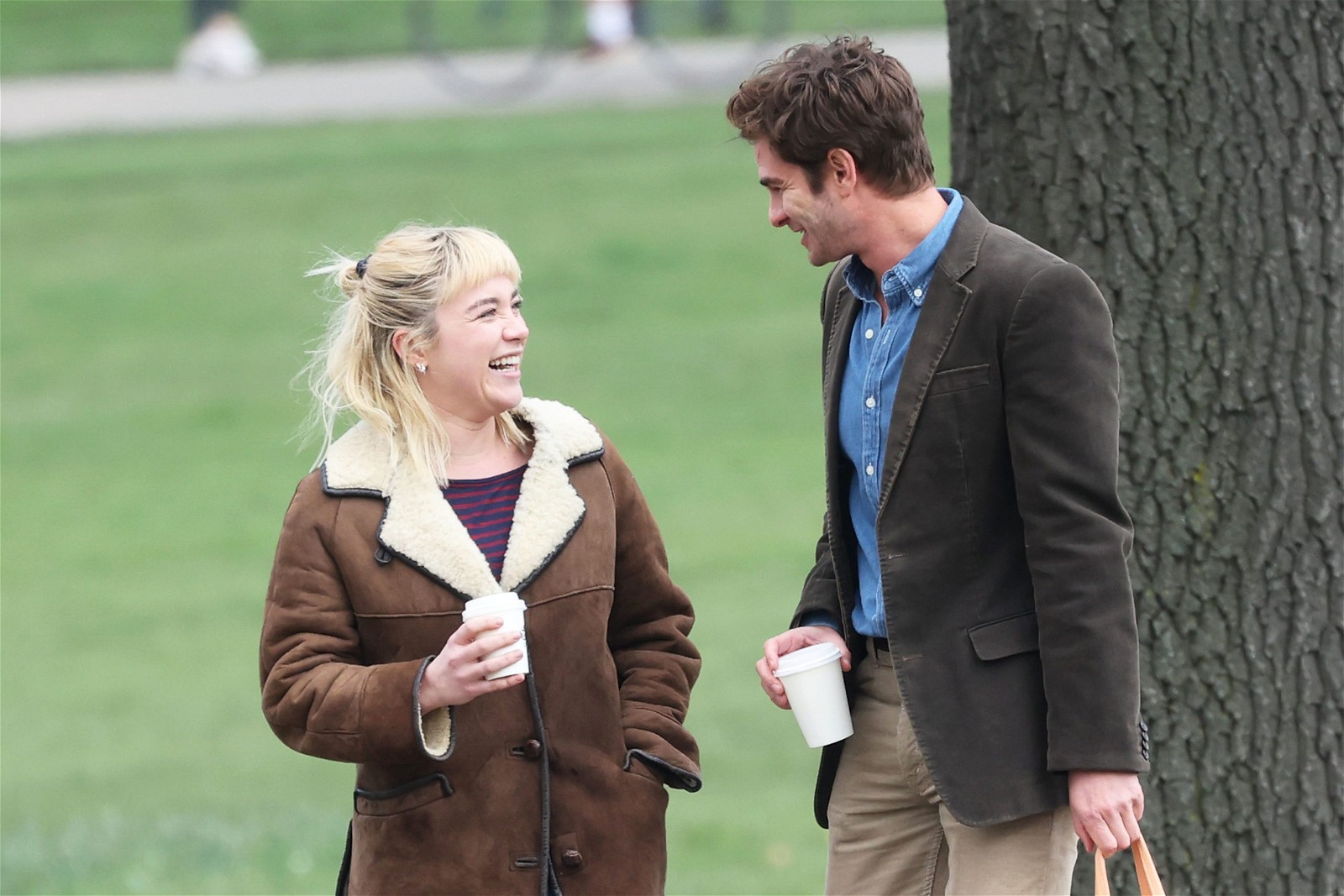 Andrew Garfield and Florence Pugh filming We Live in Time