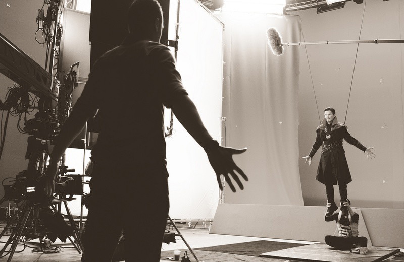 Benedict Cumberbatch in a soundstage setting as Doctor Strange