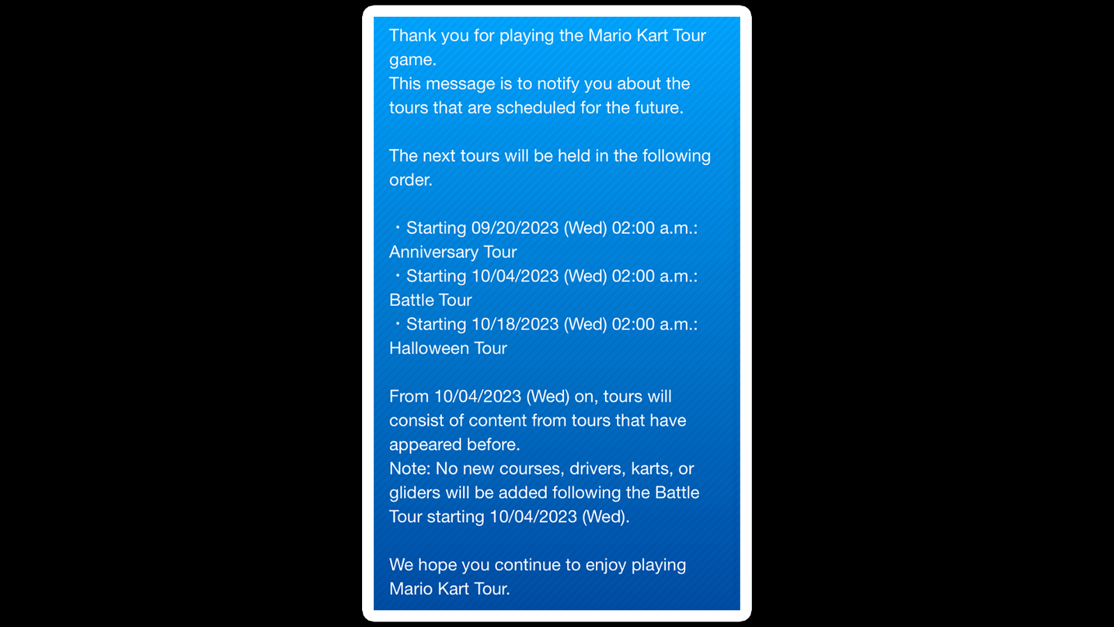 The final message regarding the upcoming updates for Mario Kart Tour.