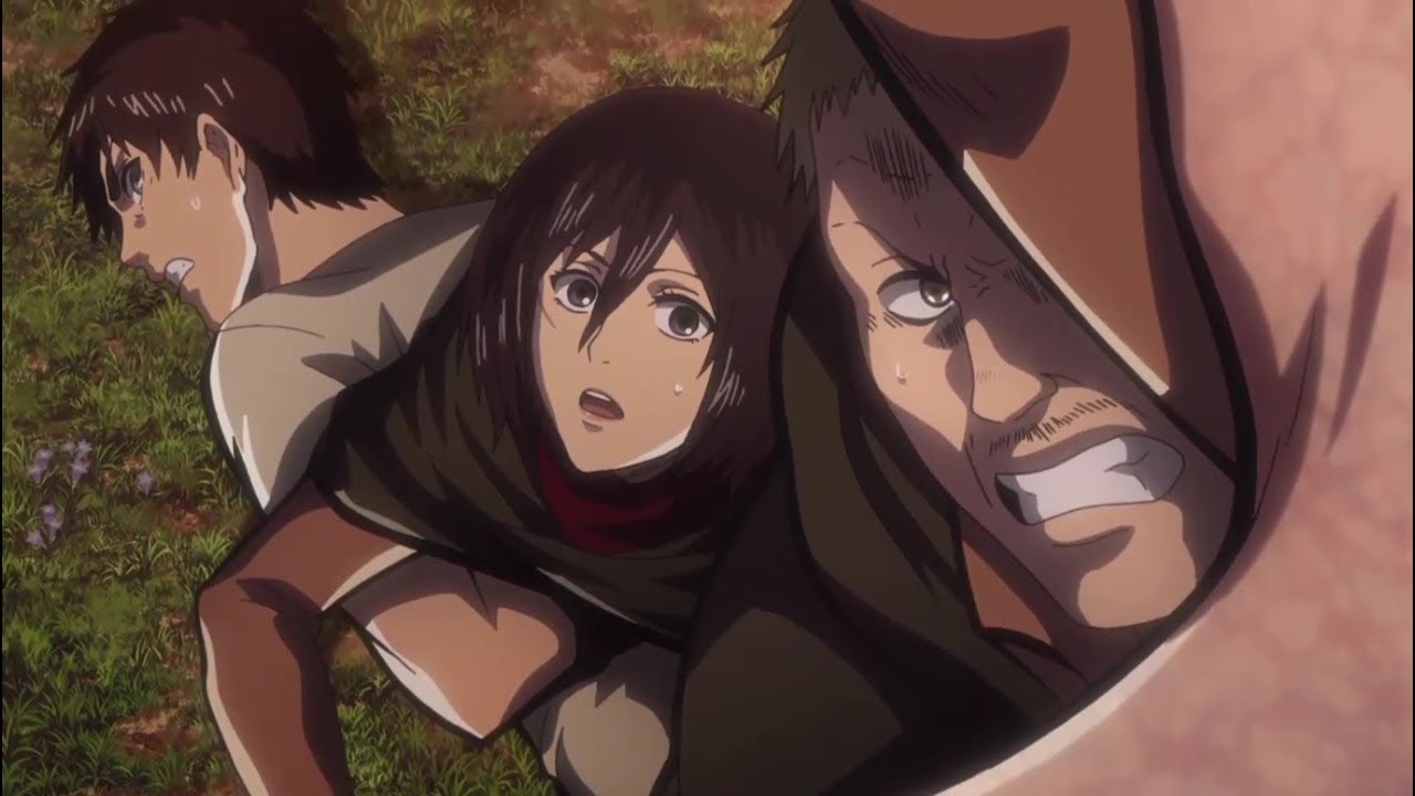 Hannes protecting Eren and Mikasa from Titan
