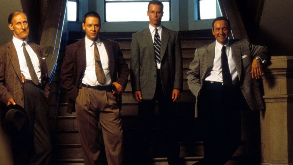 (L-R) Russell Crowe, Kevin Spacey, and Guy Pearce from the sets of L.A. Confidential