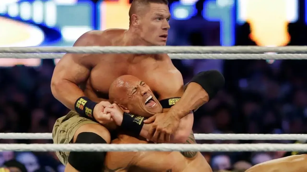 A still from the match between John Cena and the Rock