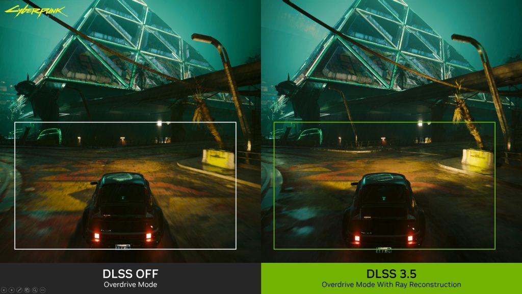 A photo showing Nvidia's DLSS upscaler in Cyberpunk 2077.