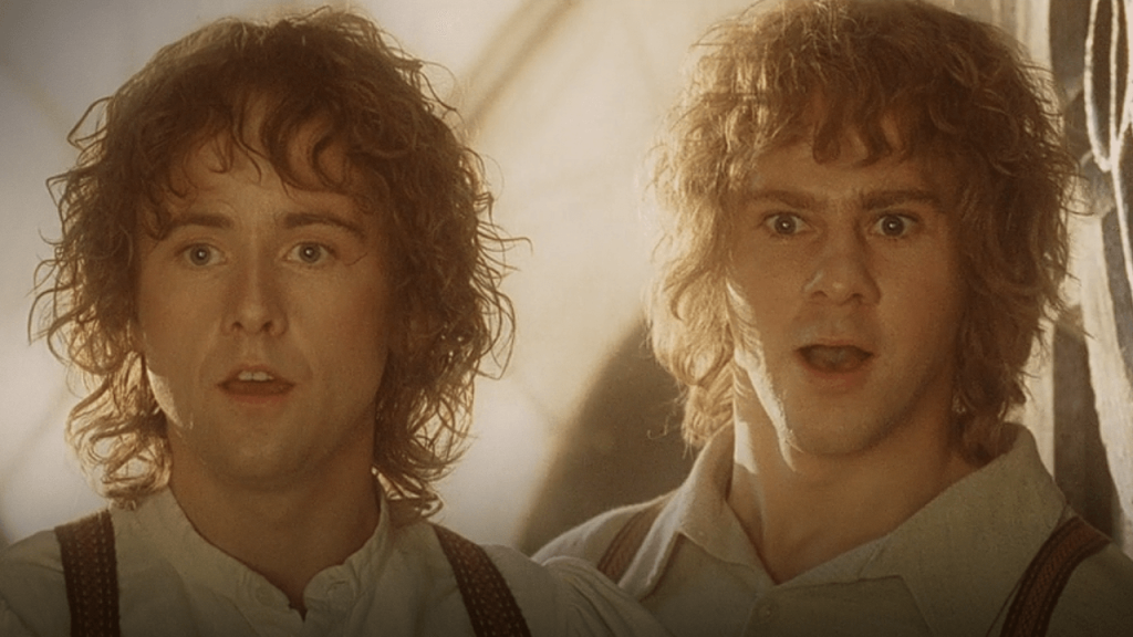 Dominic Monaghan and Billy Boyd in a still from The Lord of the Rings trilogy