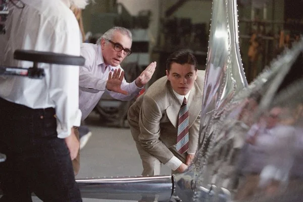 Martin Scorsese directing Leonardo DiCaprio on the set of the 2004 movie The Aviator