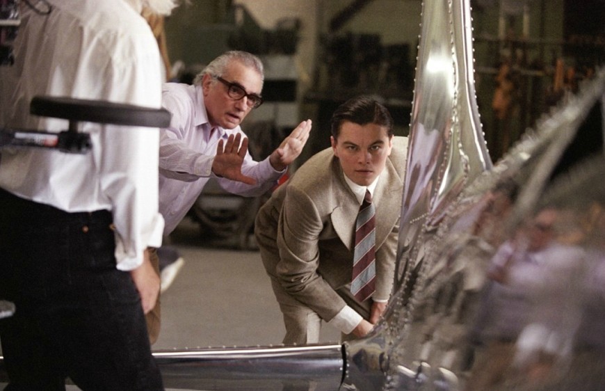 Martin Scorsese directing Leonardo DiCaprio on the set of the 2004 movie The Aviator