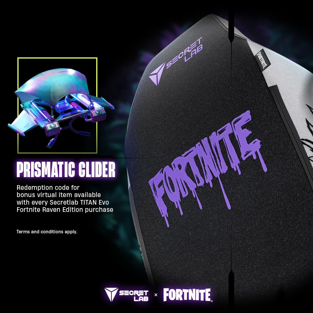 The Titan Evo Raven Edition chair is bundled with an in-game Fortnite Prismatic Glider