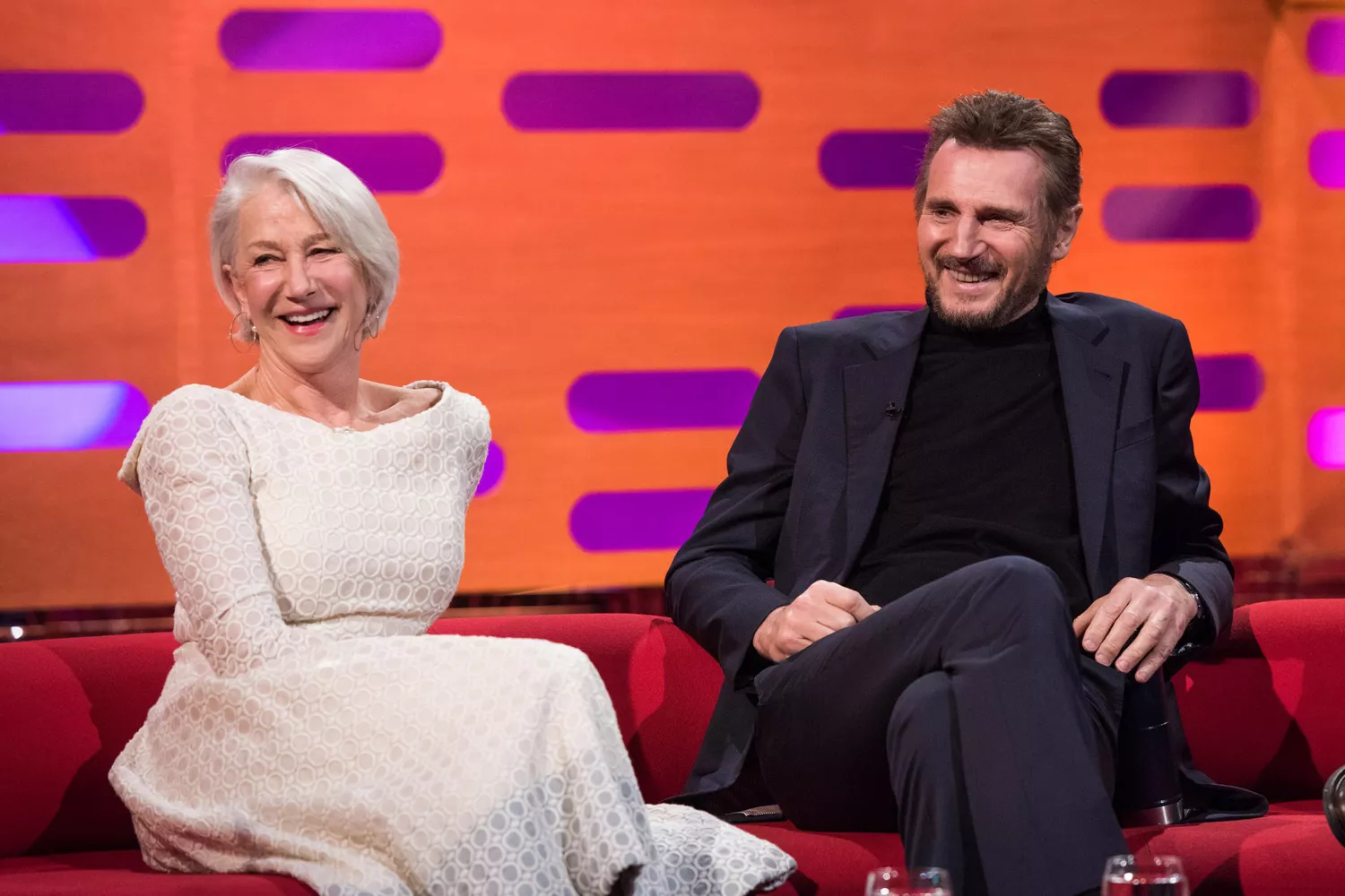 Liam Neeson with Helen Mirren on The Graham Norton Show