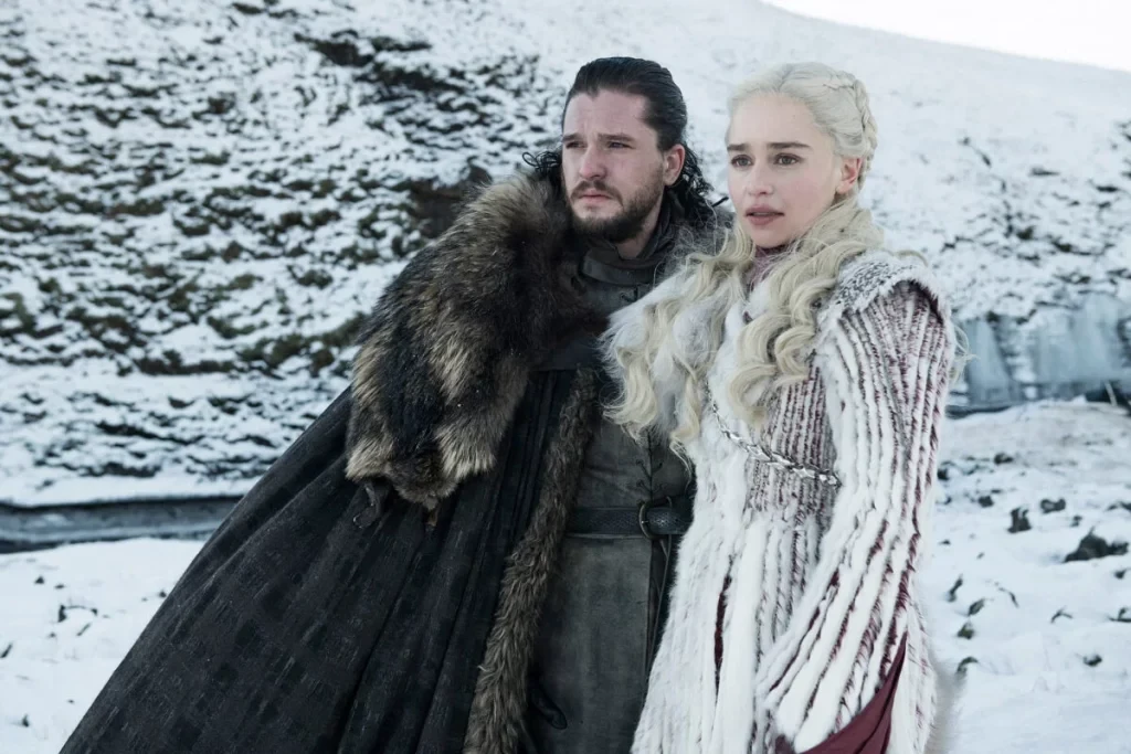 Emilia Clarke and Kit Harington in a still from Game of Thrones