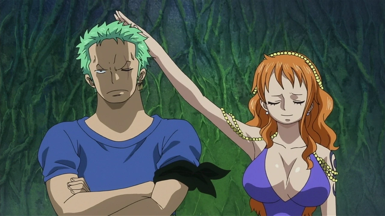 Nami patting Zoro's head from One Piece anime