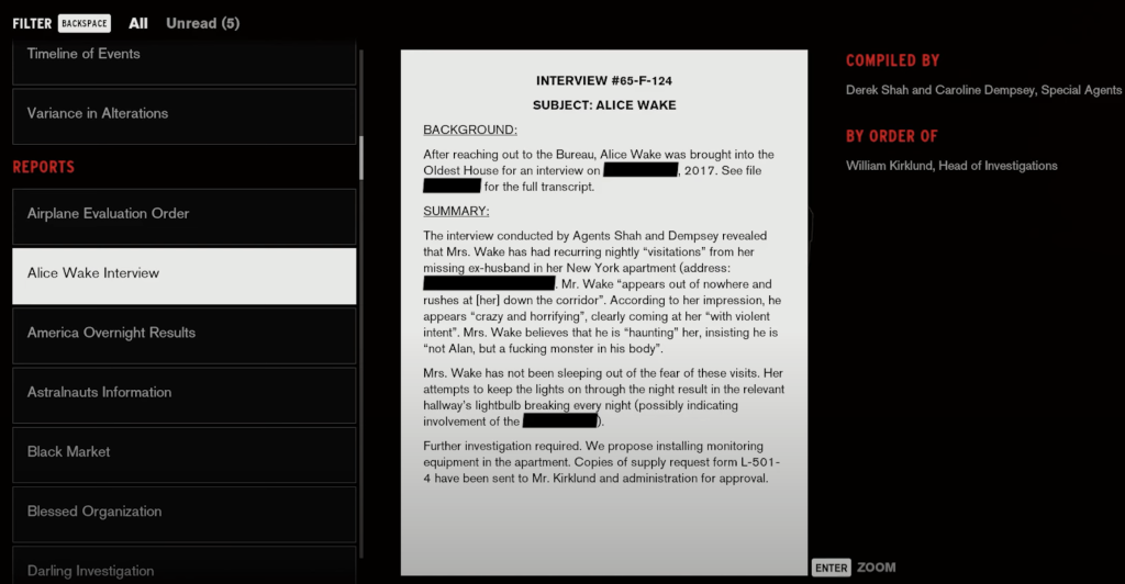Remedy references Alan Wake in Control through readable documents.