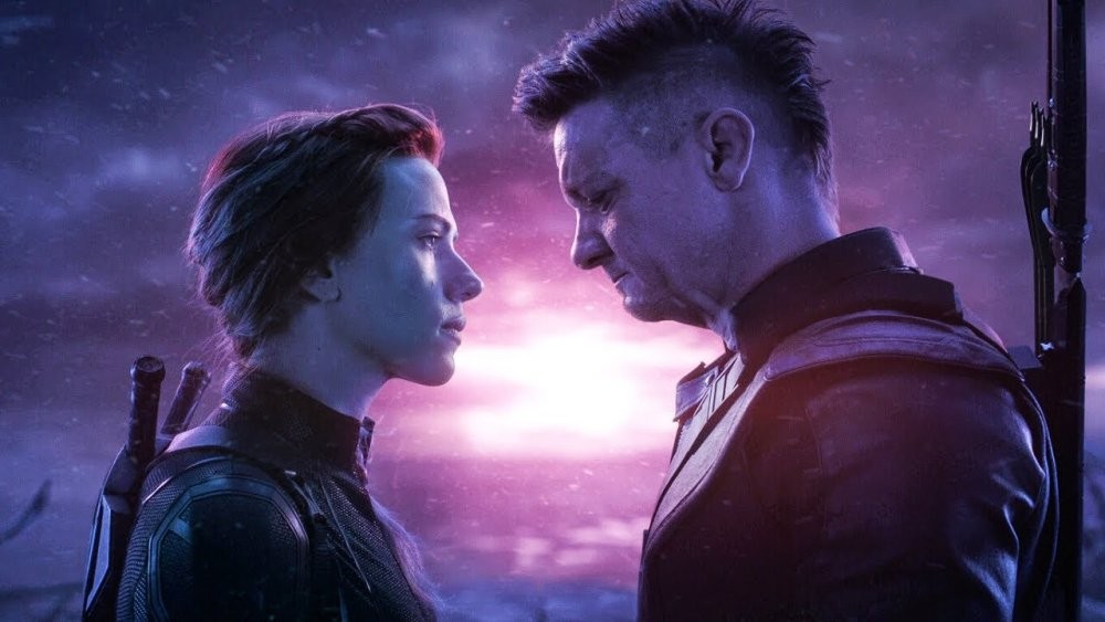 Scarlett Johansson's Black Widow and Jeremy Renner's Hawkeye in the Vormir scene from Avengers: Endgame