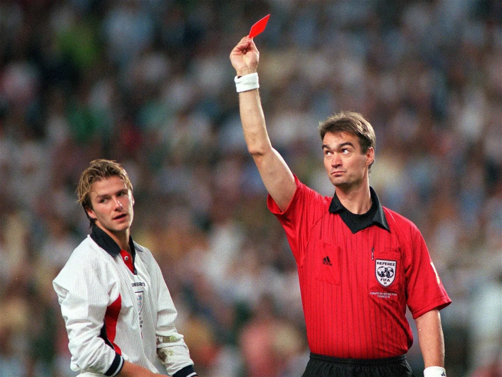 David Beckham receiving the infamous red card in the 1998 FIFA World Cup