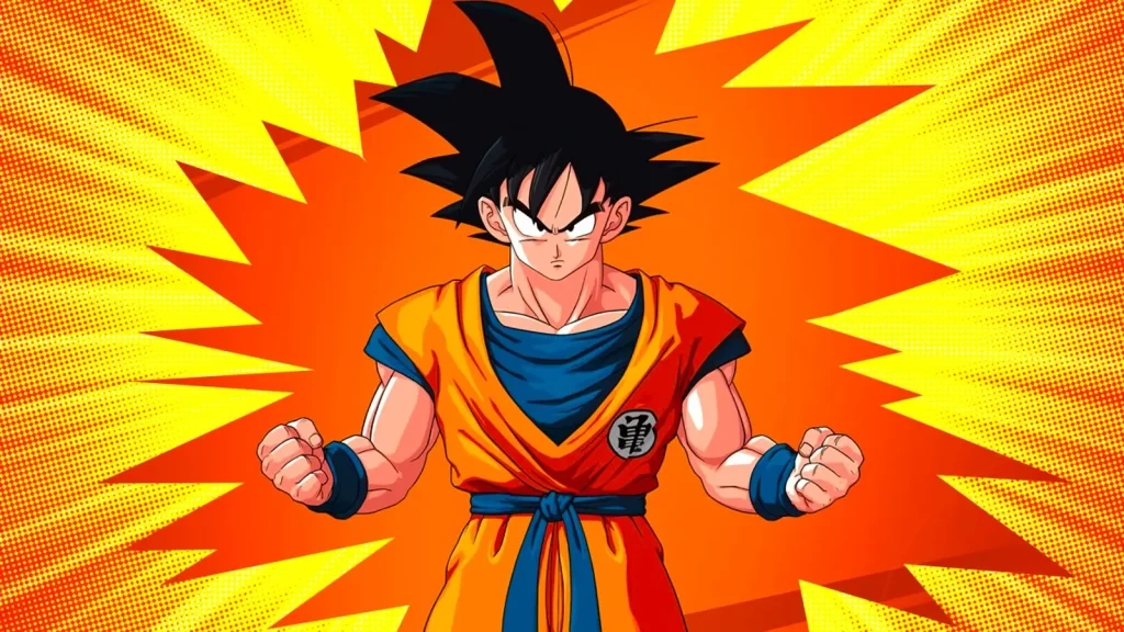 Generate a Full HD wallpaper of Goku in an epic pose with a stunning  background. Make