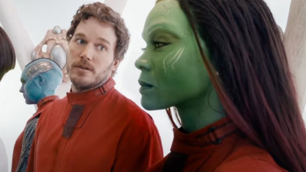 Zoe Saldaña as Gamora and Chris Pratt as Peter Quill in Guardians of the Galaxy Vol. 3