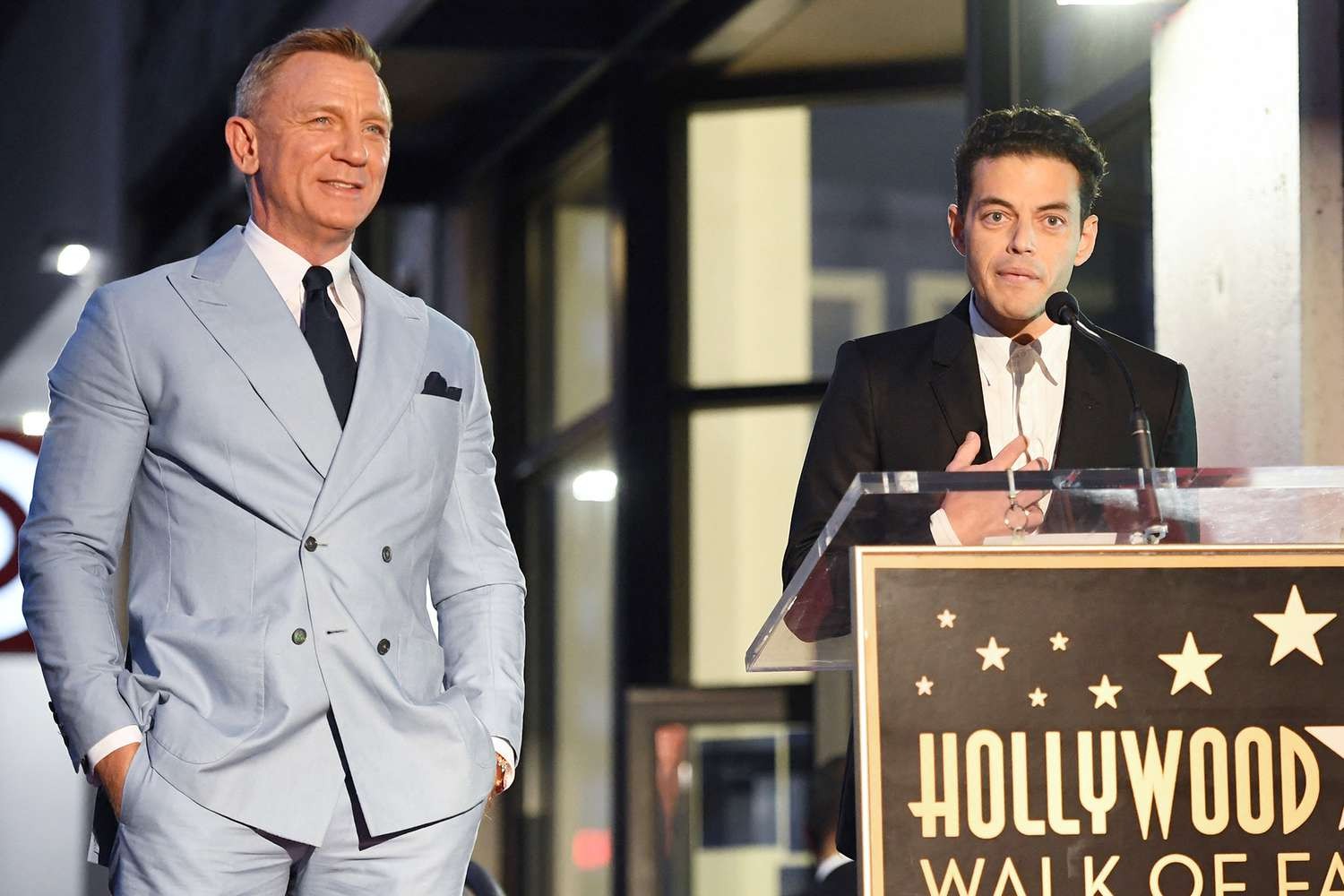 Rami Malek speaking at the event where Daniel Craig is awarded a star on Hollywood Walk of Fame