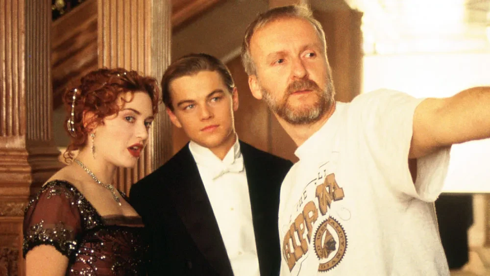 Kate Winslet, Leonardo DiCaprio and James Cameron on the set of Titanic