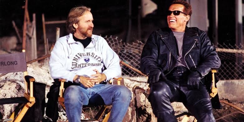 James Cameron with Arnold Schwarzenegger on the set of The Terminator