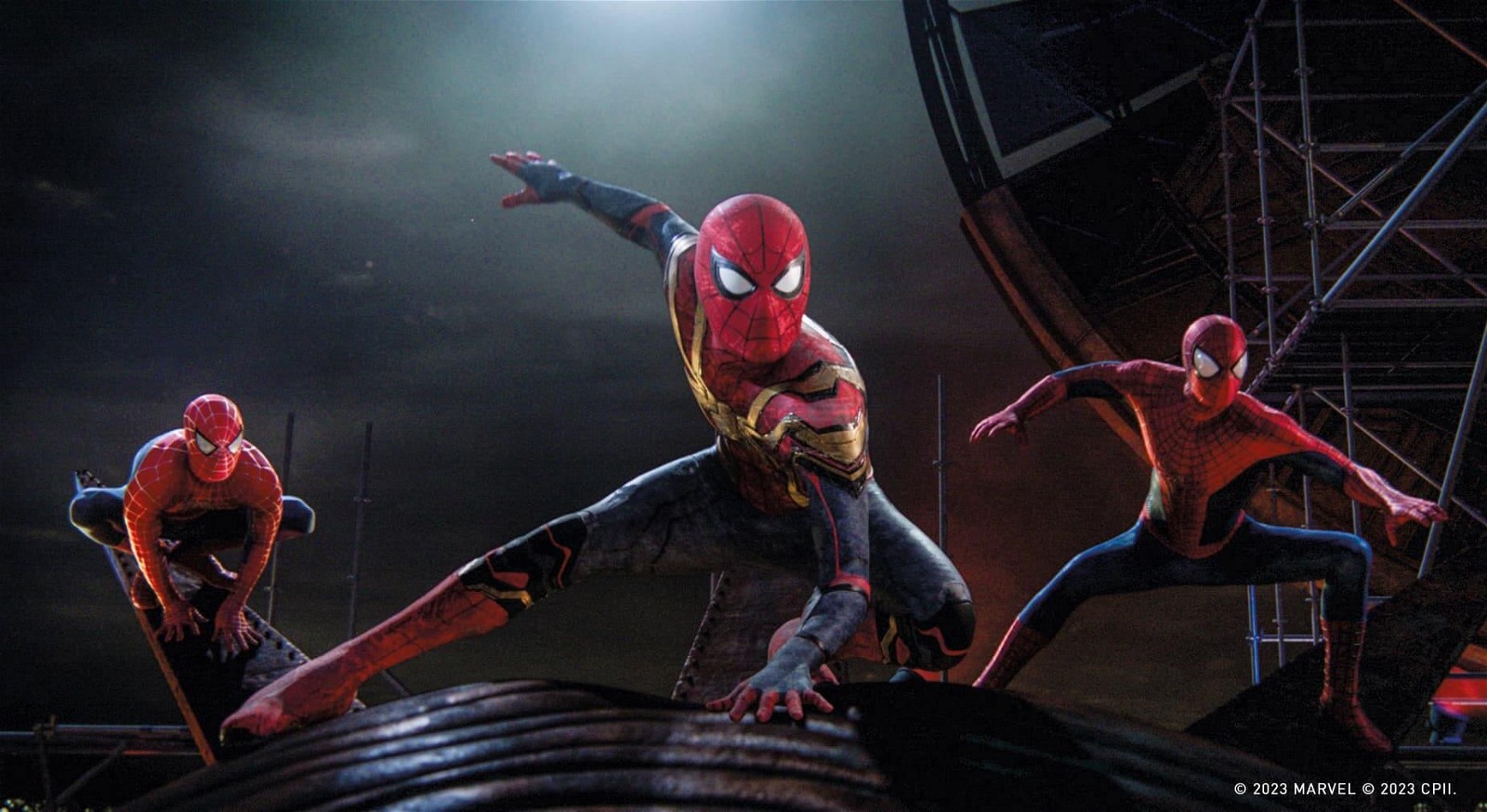 Tobey Maguire, Tom Holland, and Andrew Garfield in a still from Spider-Man: No Way Home (2021)
