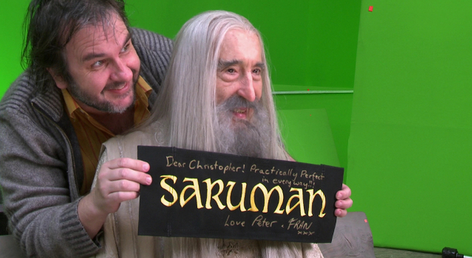 Christopher Lee and Peter Jackson on the set of The Hobbit: The Battle of the Five Armies