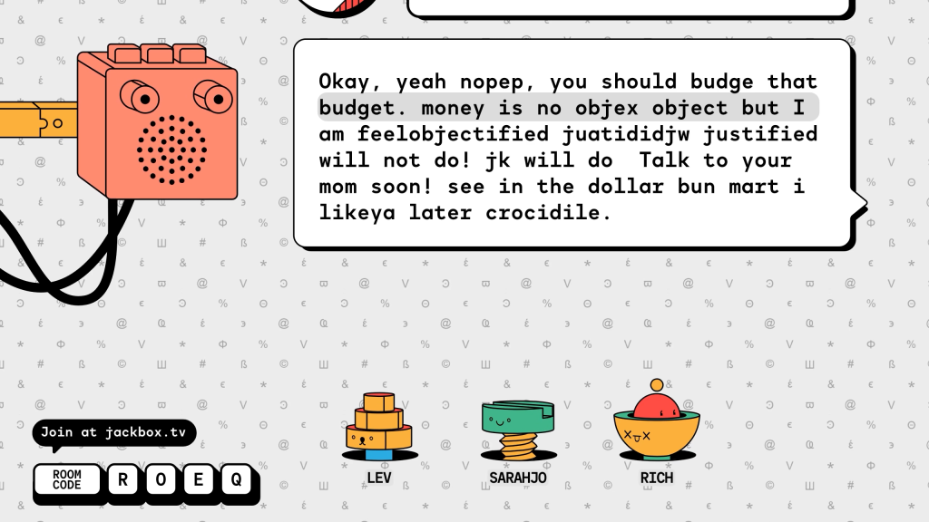 <em>FixyText</em> from the <em>Jackbox Party Pack 10</em> demo lets players reply to wacky requests by typing messages together at the same time. Image credit: Jackbox Games 