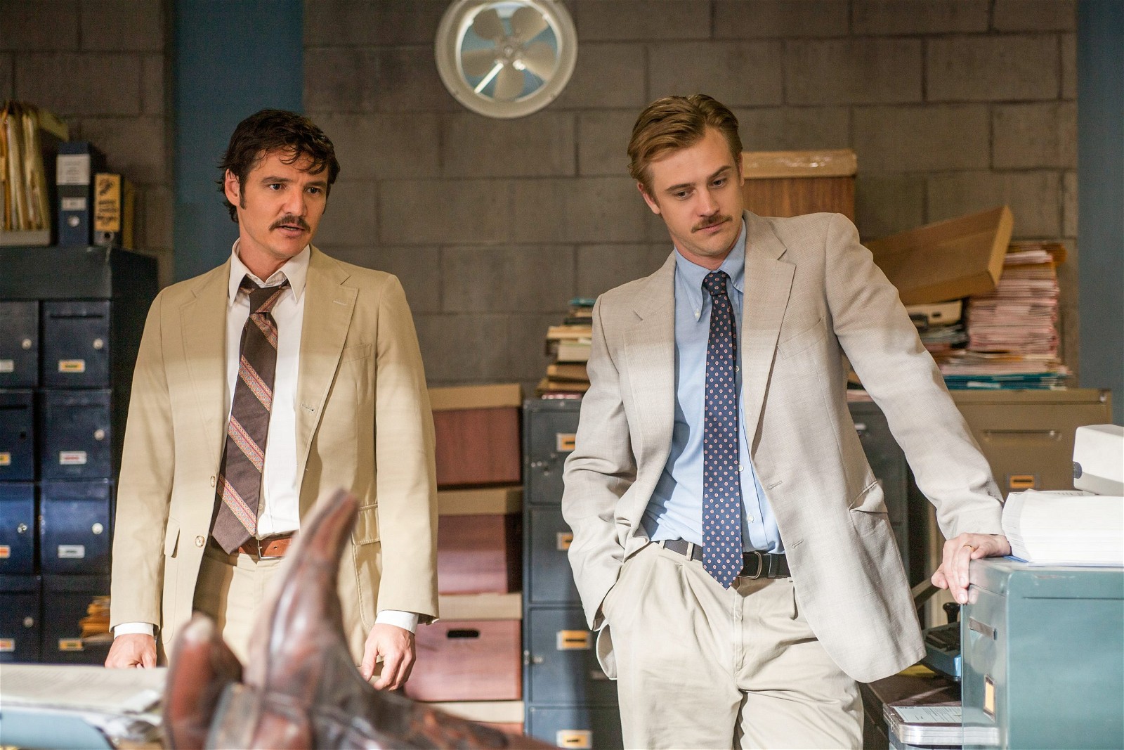 Pedro Pascal and Boyd Holbrook in a still from Narcos 