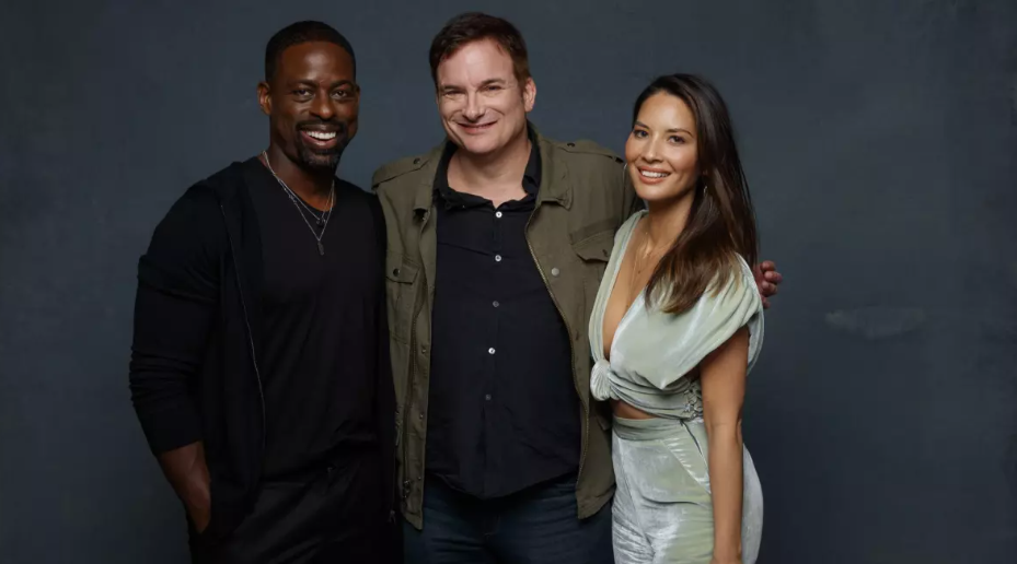 Sterling K. Brown, Shane Black and Olivia Munn from the film “The Predator” are photographed at Comic-Con 2018