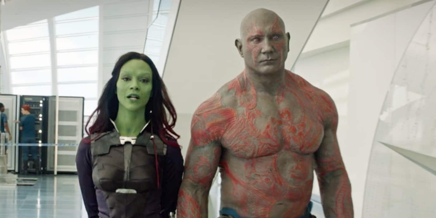Zoe Saldana and Dave Bautista in Guardians of the Galaxy