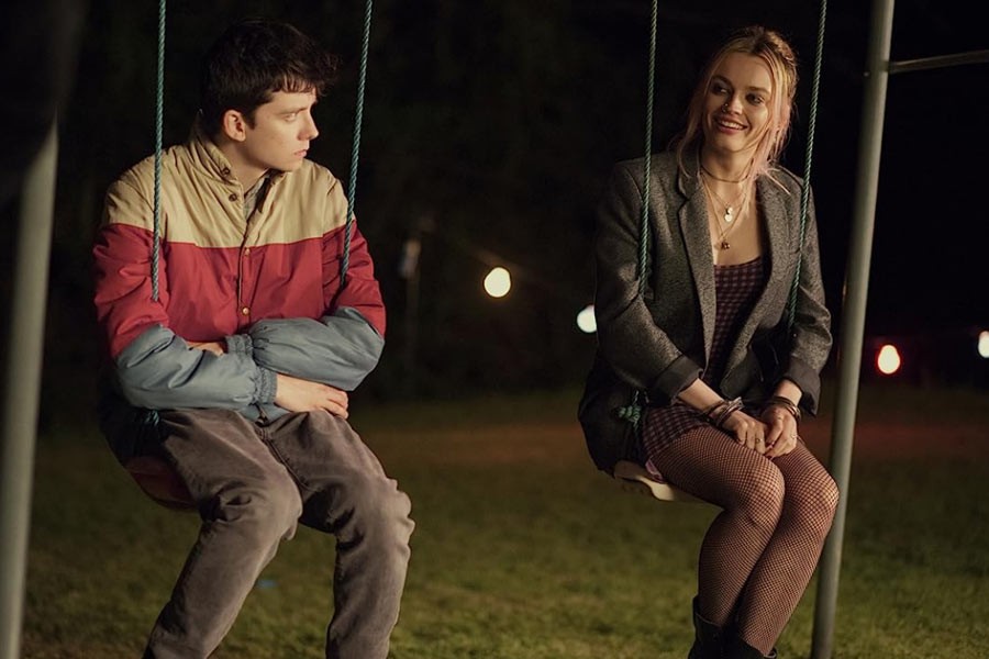 Asa Butterfield and Emma Mackey in a still from Sex Education 