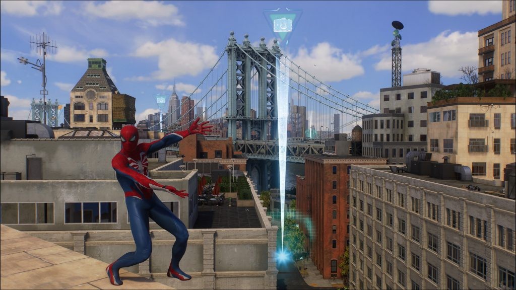 Hit R3 to reveal icons and beams of light for close-by Photo Ops in <em>Marvel's Spider-Man 2</em>.