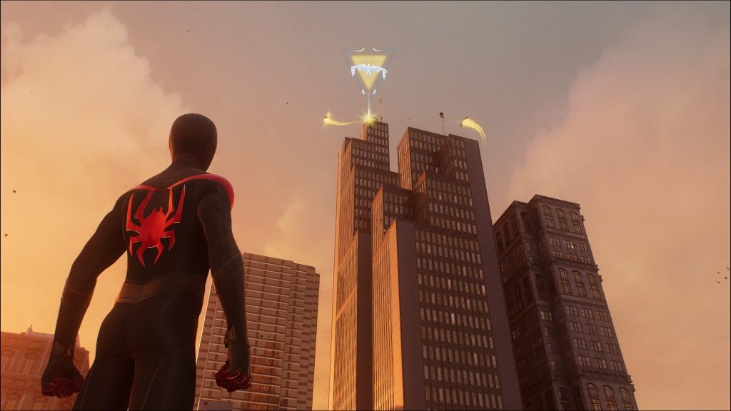 Look for the holographic bird symbol on top of the skyscraper to find the Upper East Side’s Unidentified Targets in <em>Marvel's Spider-Man 2</em>.