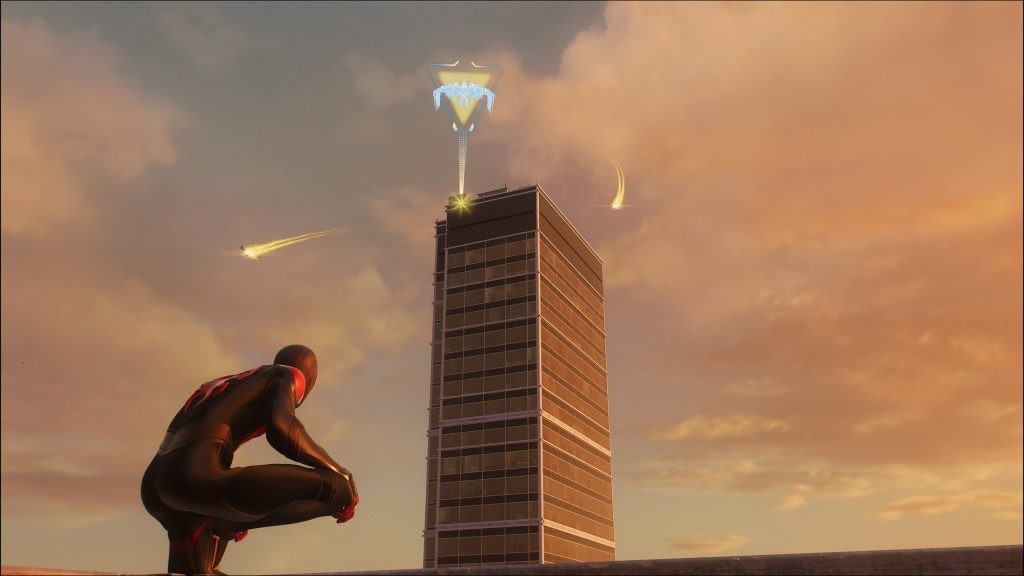 Look for the holographic bird symbol on top of the skyscraper to find Downtown Queens’ Unidentified Targets in <em>Marvel's Spider-Man 2</em>.