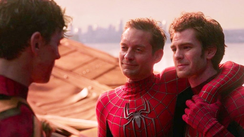 Tom Holland, Andrew Garfield and Tobey Maguire in a still from Spider-Man: No Way Home