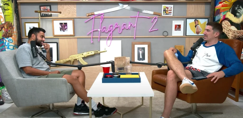 Andrew Schulz and Aakash Singh in a still from their Podcast Flagrant 